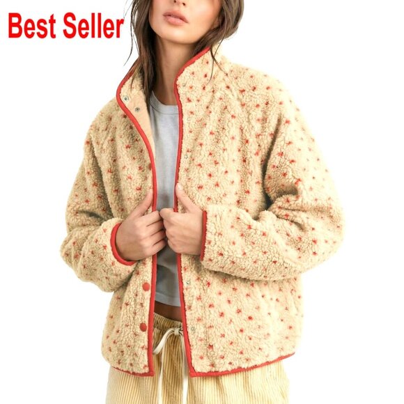 Jackets & Blazers - Oversized Sherpa Puffer Jacket Button Down High Neck Polka Dot Cozy Quilted